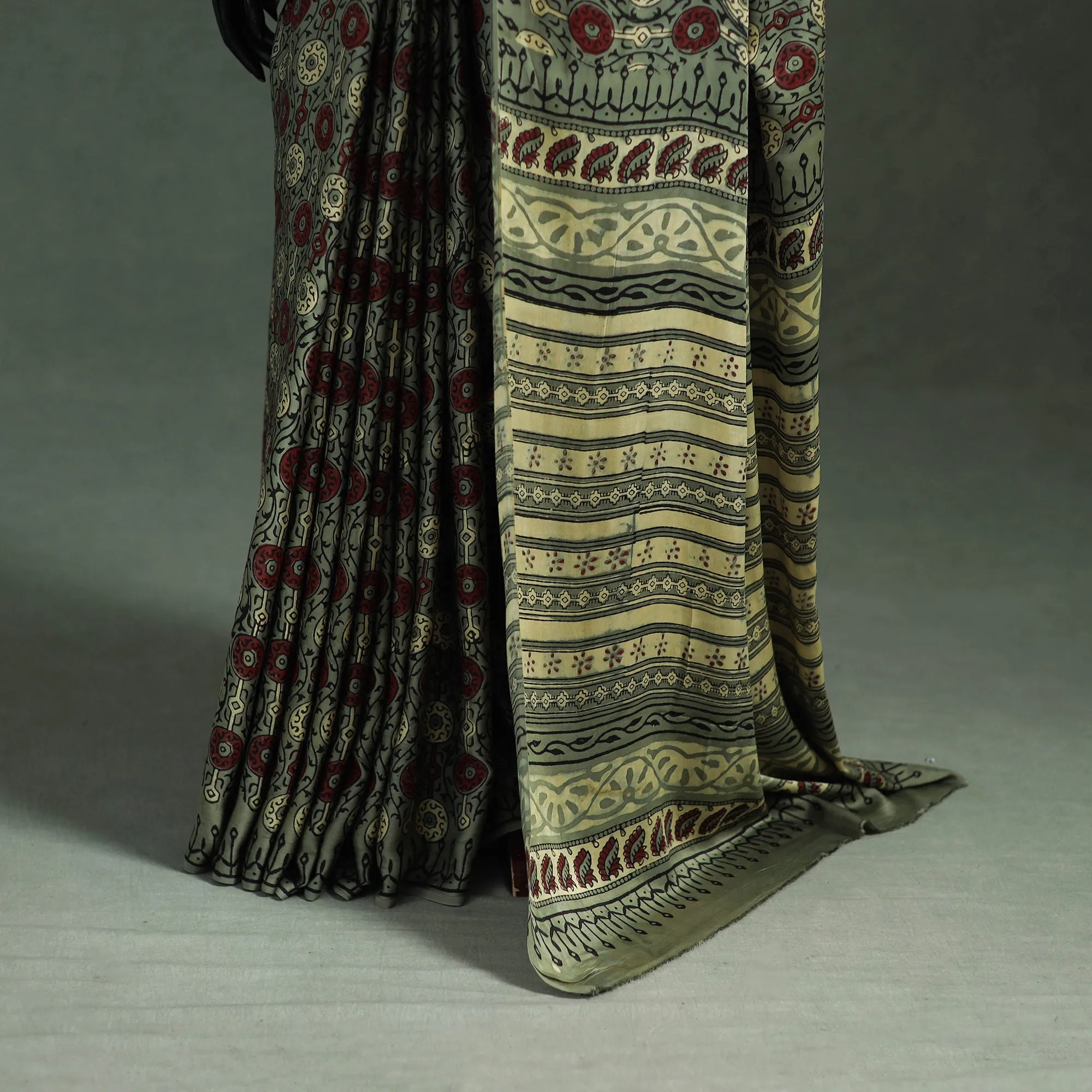 Green - Bagru Hand Block Print Natural Dyed Modal Silk Saree 04 sold by Itokri product image thumbnail 4