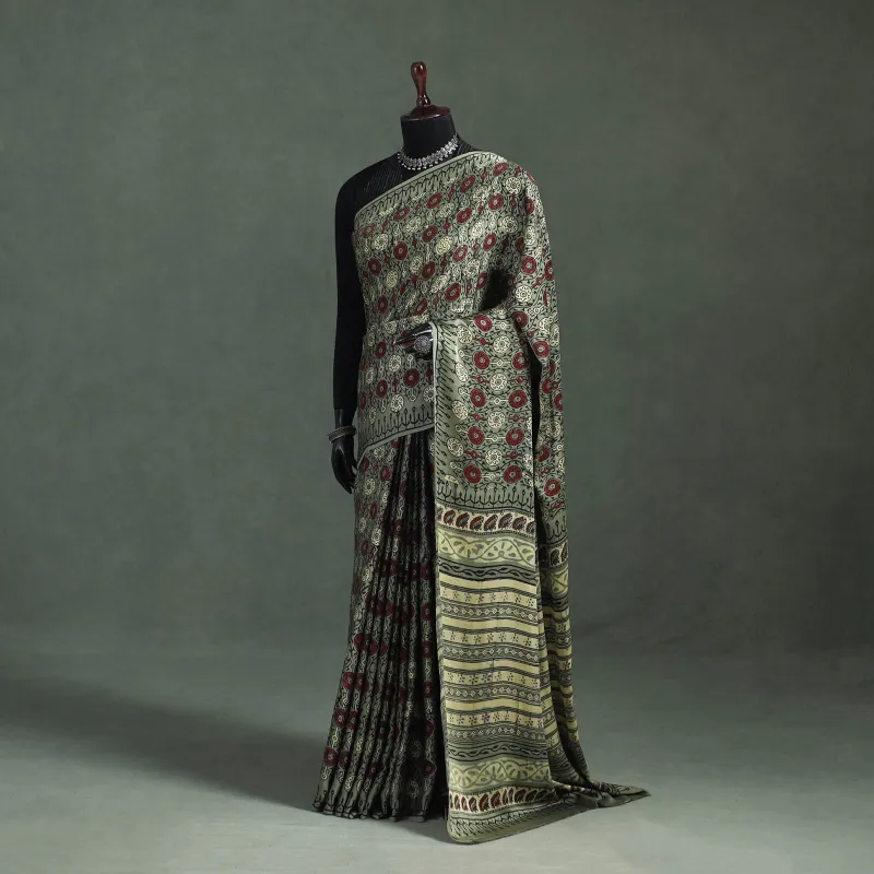 Green - Bagru Hand Block Print Natural Dyed Modal Silk Saree 04 made by Itokri