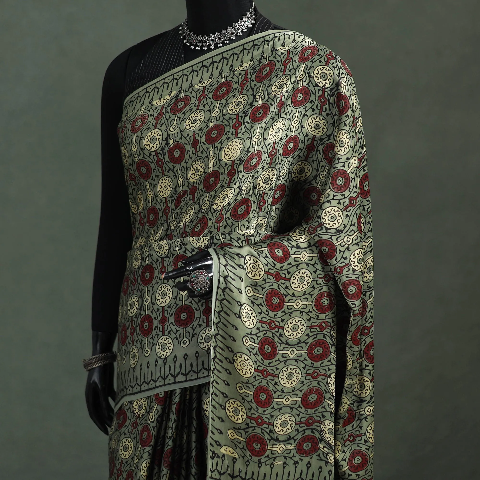Green - Bagru Hand Block Print Natural Dyed Modal Silk Saree 04 sold by Itokri product image thumbnail 2