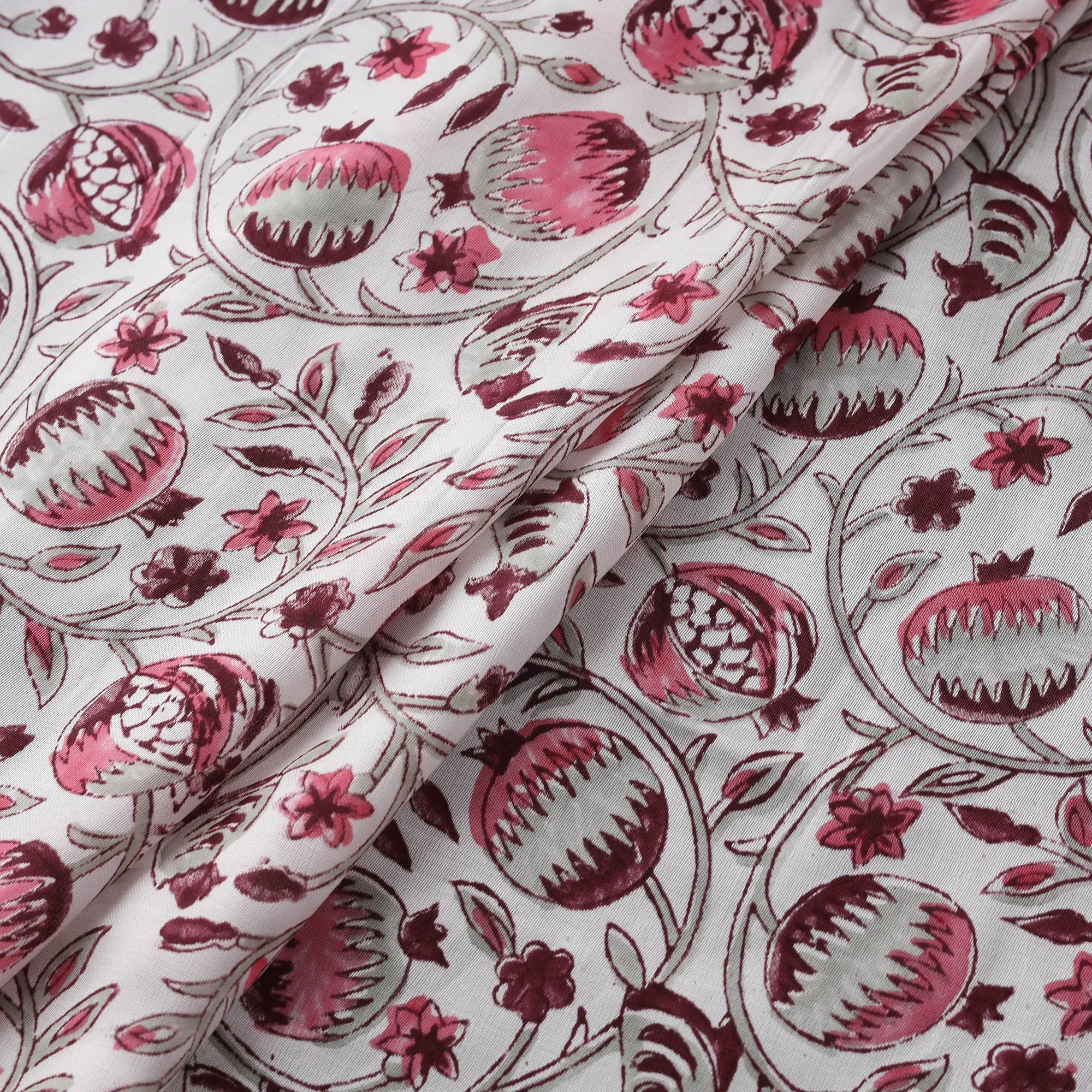 Pink - Sanganeri Floral Hand Block Print Modal Silk Fabric 16 sold by Itokri