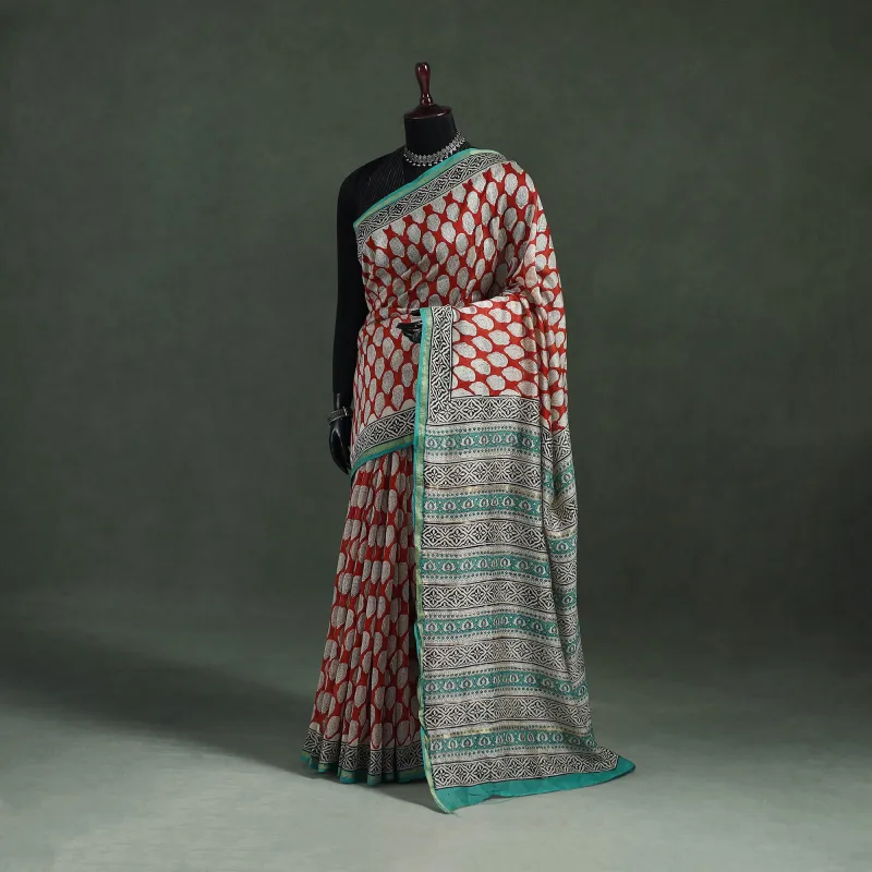 Red - Bagru Hand Block Print Natural Dyed Chanderi Silk Saree 31 made by Itokri