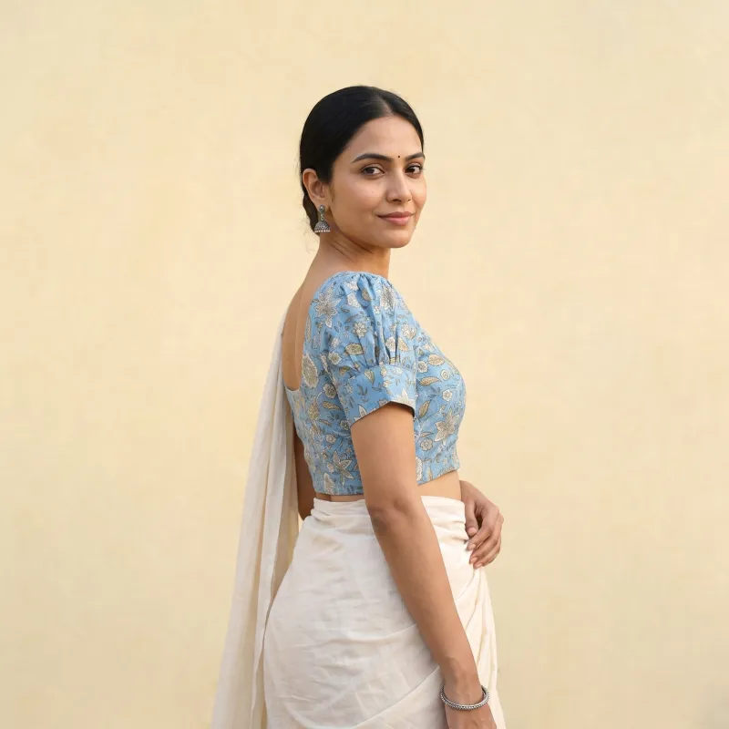 Blue - Sanganeri Hand Block Print Cotton Readymade Blouse 09 made by Itokri