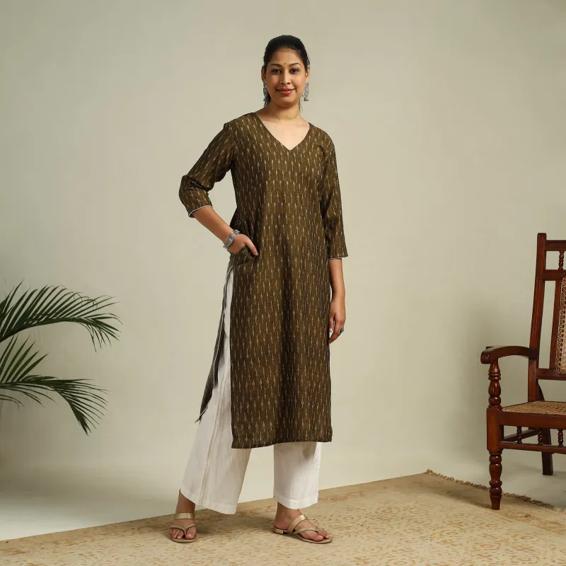 Brown - Cotton Straight Pochampally Ikat Kurta 11 made by Itokri