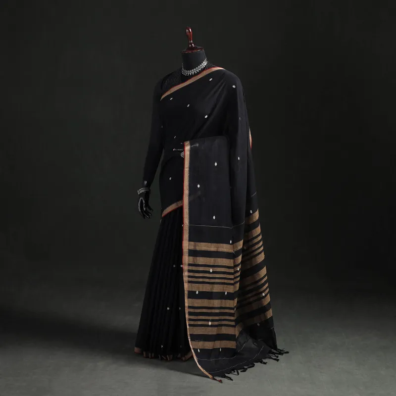 Black - Dharwad Woven Thread Buti Mercerised Cotton Saree with Border 74 made by Itokri