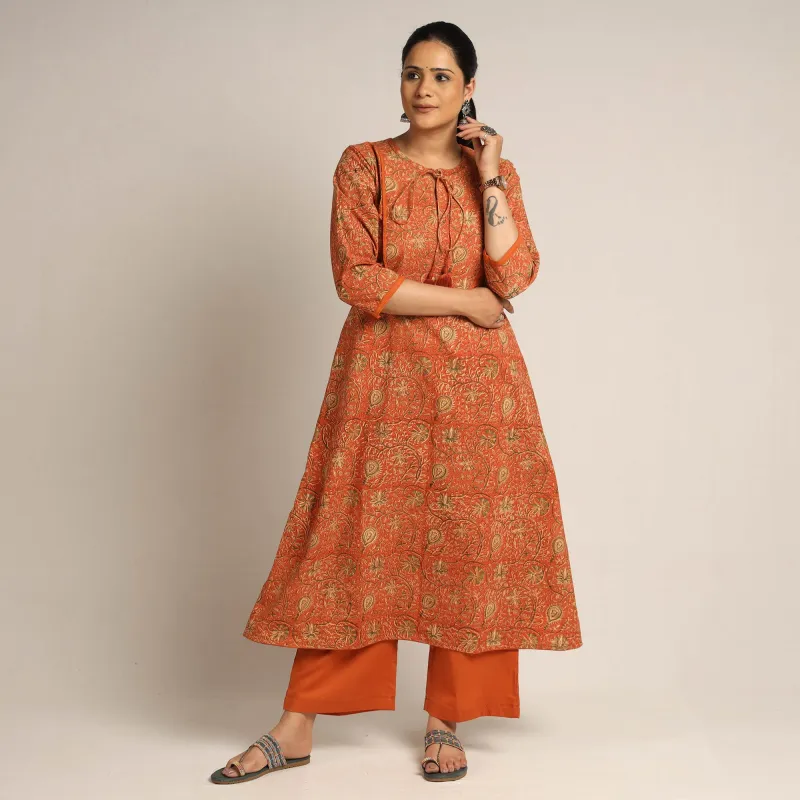 Orange - Pedana Kalamkari Block Printed Cotton Kurta with Palazzo Set made by Itokri