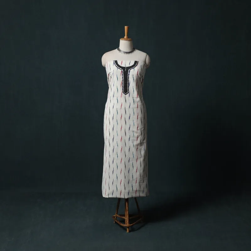 White - Pochampally Ikat Patchwork Cotton Unstitched Kurta Material (3M) 16 made by Itokri