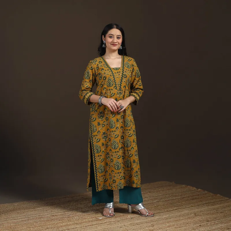 Yellow - Ajrakh Hand Block Print Natural Dyed Cotton Straight Long Kurta for women 26 made by Itokri