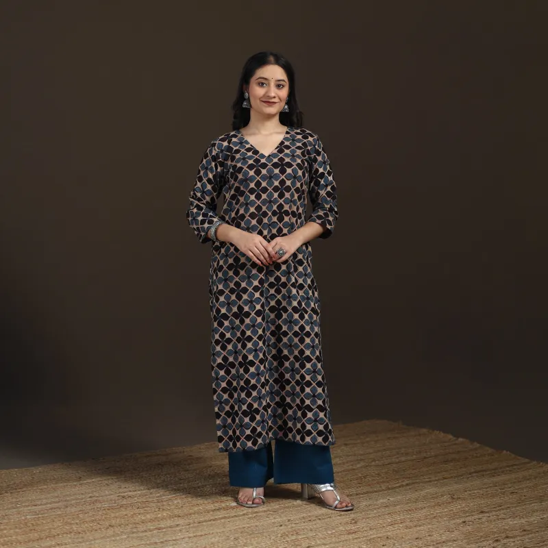Multicolor - Ajrakh Hand Block Print Natural Dyed Cotton Straight Long Kurta for women 18 made by Itokri