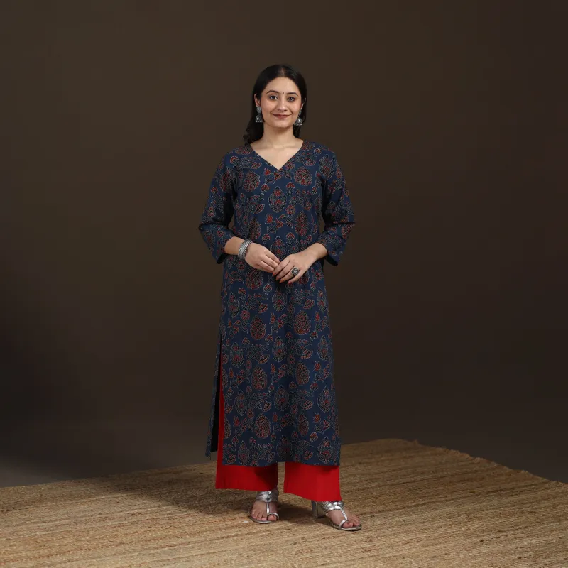 Blue - Ajrakh Hand Block Print Natural Dyed Cotton Straight Long Kurta for women 17 made by Itokri