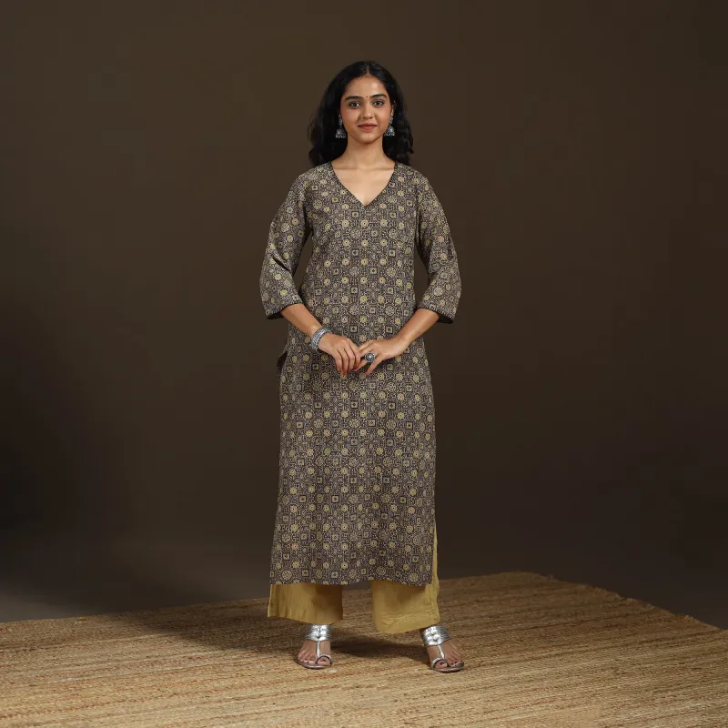 Brown - Ajrakh Hand Block Print Natural Dyed Cotton Thread Work Straight Long Kurta for women 07 made by Itokri