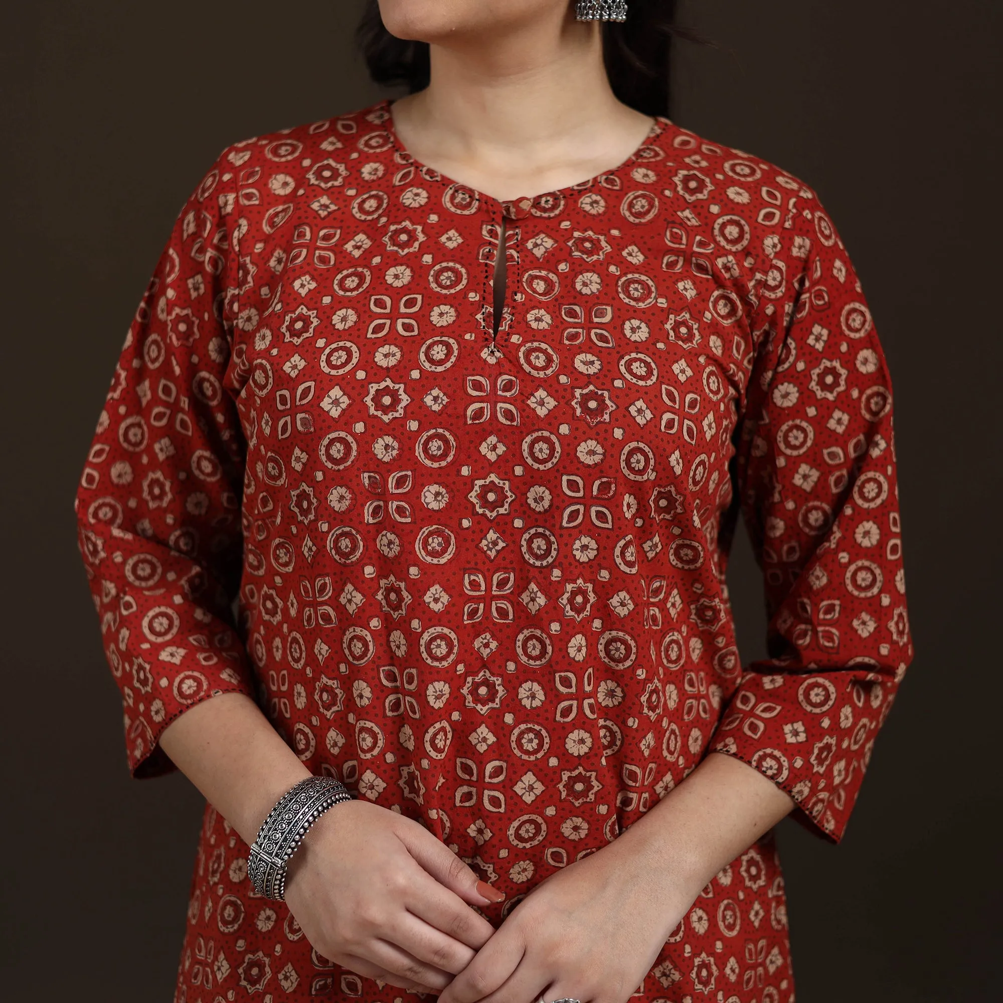 Red - Ajrakh Hand Block Print Natural Dyed Cotton A-Line Long Kurta for women 31 sold by Itokri product image thumbnail 3