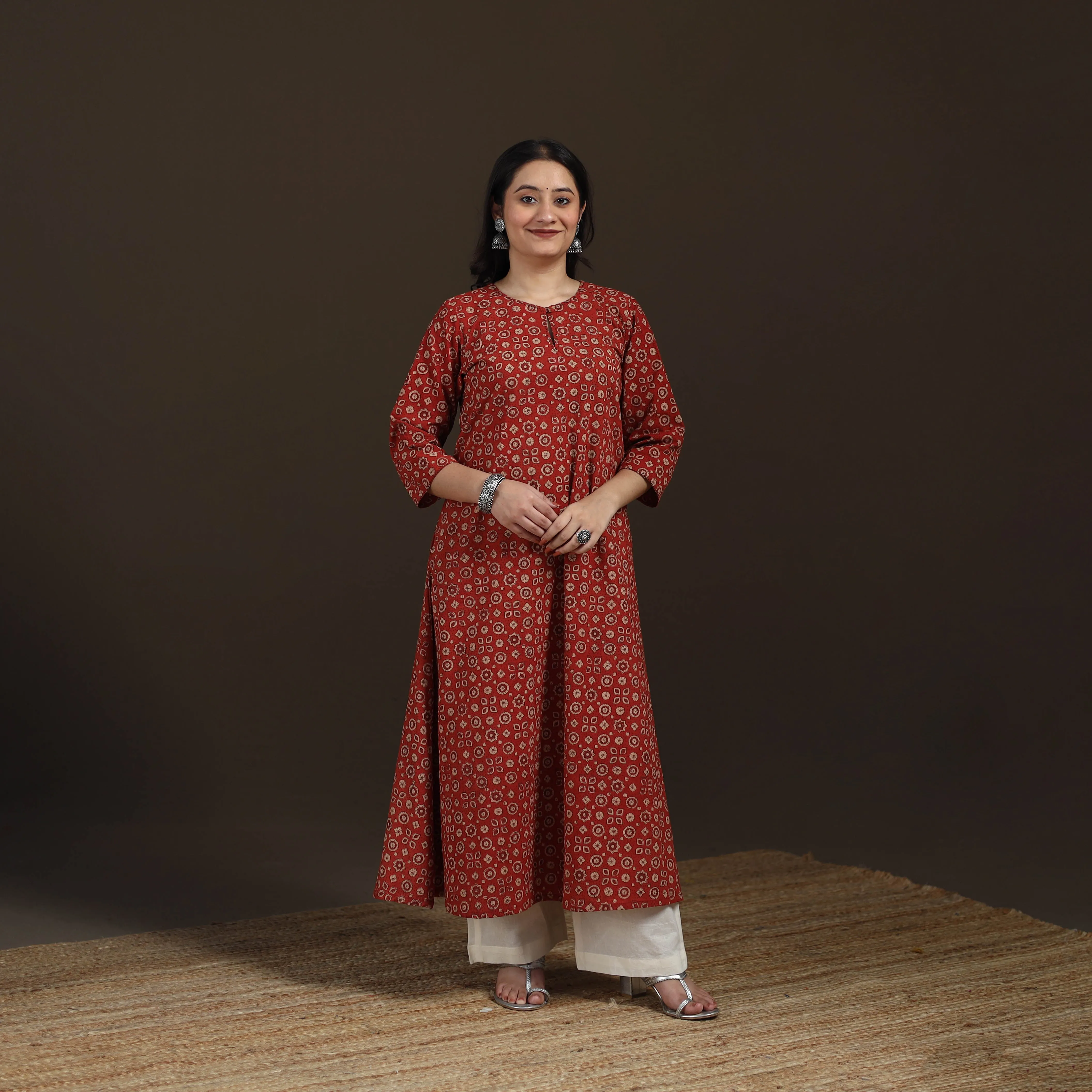 Red - Ajrakh Hand Block Print Natural Dyed Cotton A-Line Long Kurta for women 31 sold by Itokri