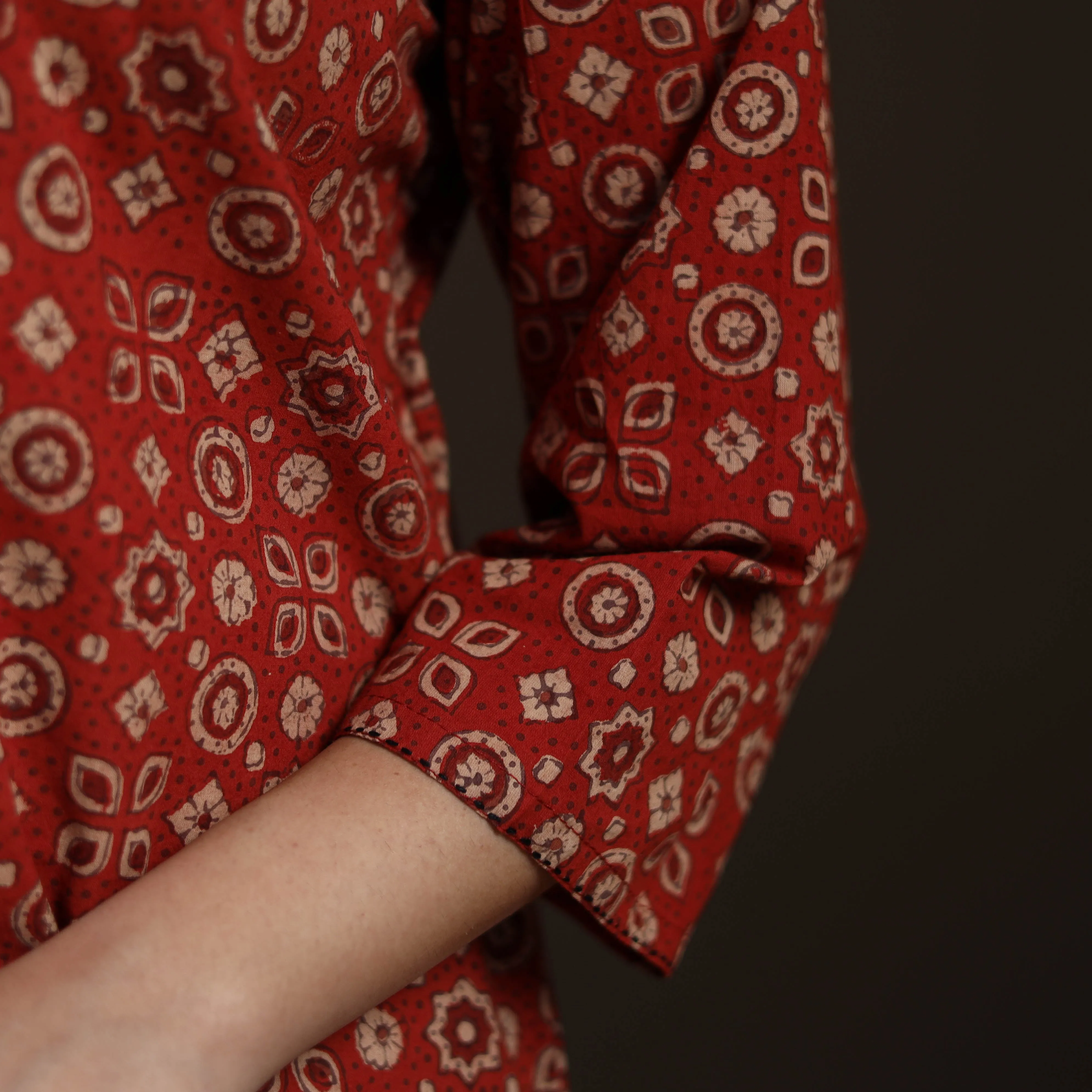 Red - Ajrakh Hand Block Print Natural Dyed Cotton A-Line Long Kurta for women 31 sold by Itokri product image thumbnail 4