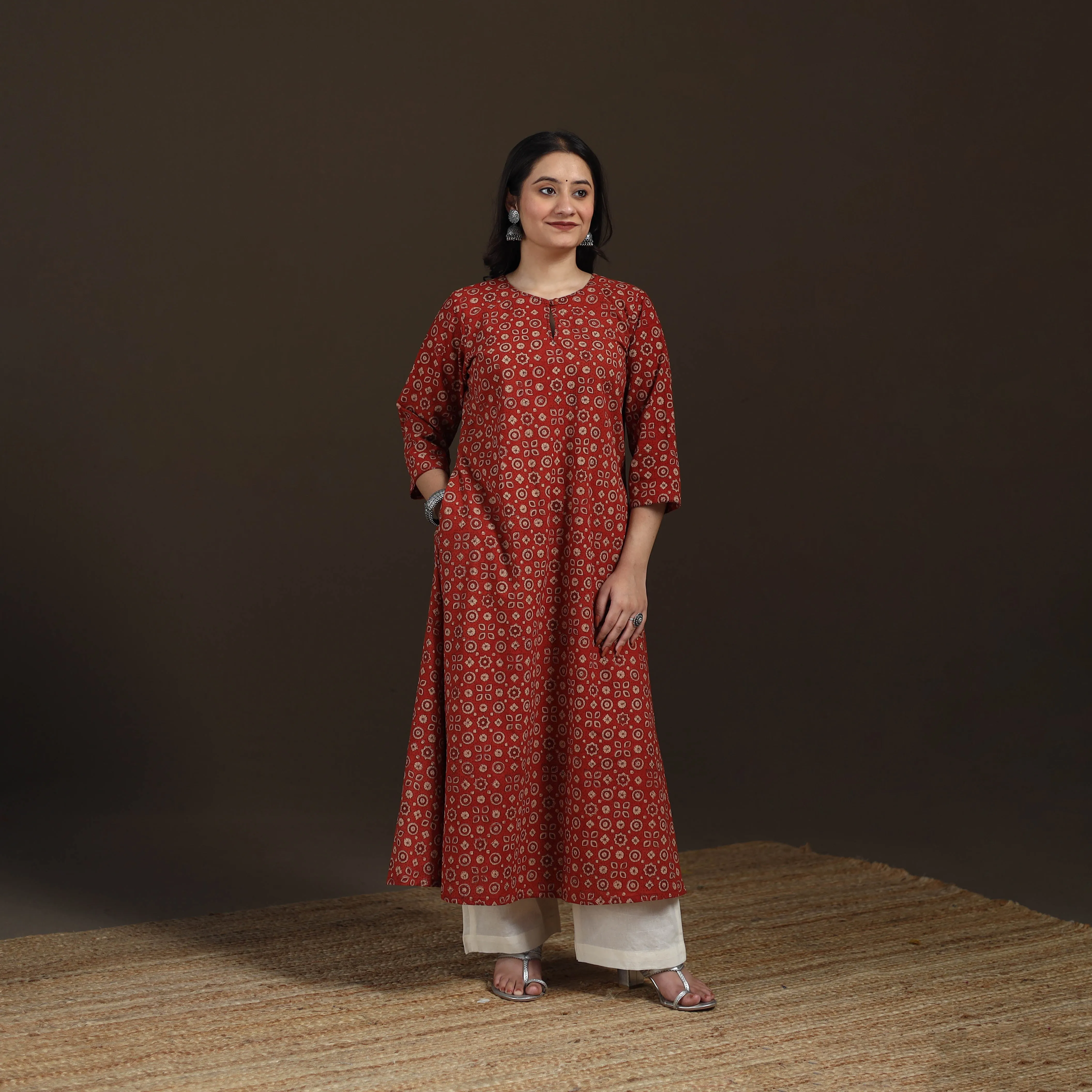 Red - Ajrakh Hand Block Print Natural Dyed Cotton A-Line Long Kurta for women 31 sold by Itokri product image thumbnail 2