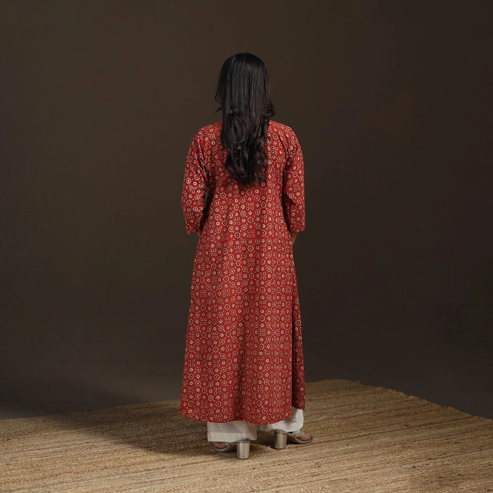 Red - Ajrakh Hand Block Print Natural Dyed Cotton A-Line Long Kurta for women 31 sold by Itokri product image thumbnail 5