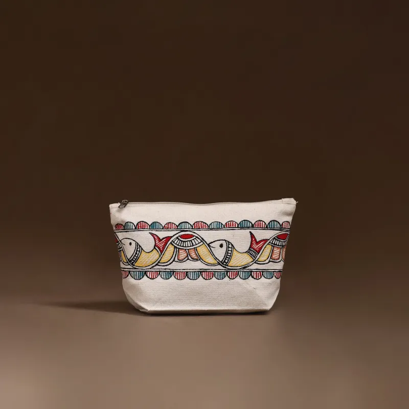 Beige - Madhubani Handpainted Utility Pouch 46 made by Itokri