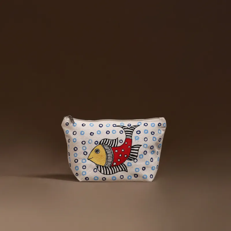 Beige - Madhubani Handpainted Utility Pouch 30 made by Itokri