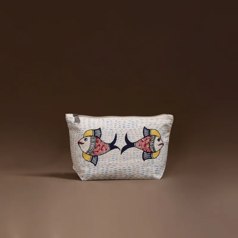 Beige - Madhubani Handpainted Utility Pouch 25 made by Itokri