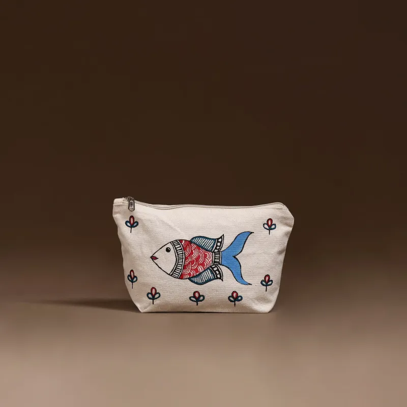 Beige - Madhubani Handpainted Utility Pouch 16 made by Itokri