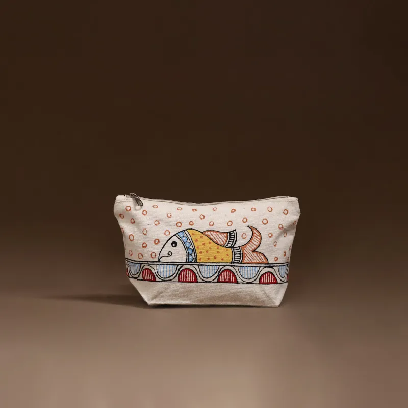 Beige - Madhubani Handpainted Utility Pouch 13 made by Itokri