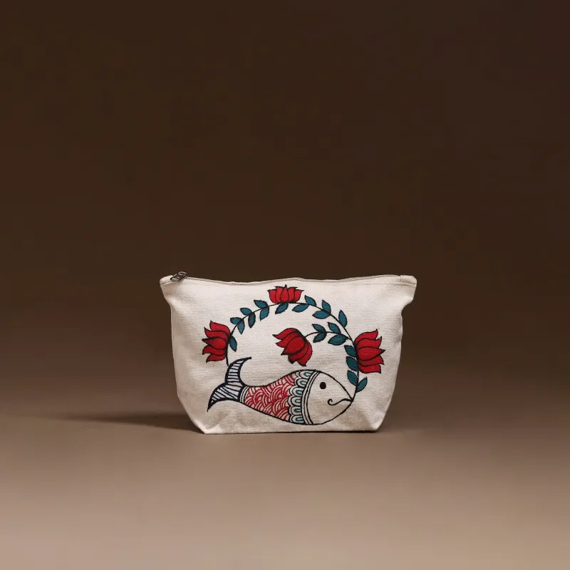 Beige - Madhubani Handpainted Utility Pouch 03 made by Itokri