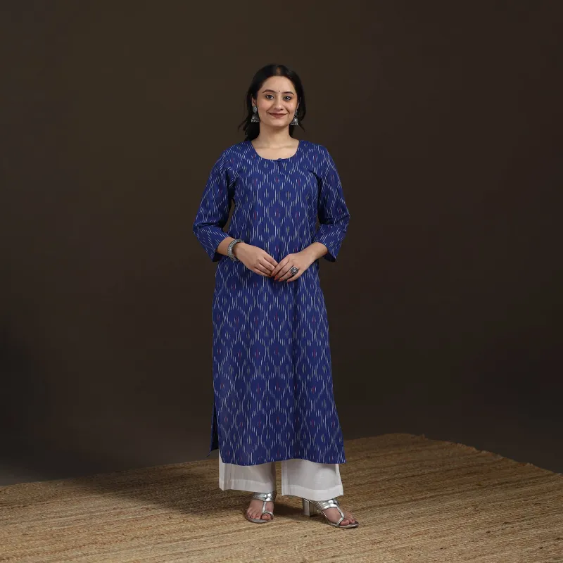 Blue - Pochampally Ikat Cotton Straight Long Kurta for Women 36 made by Itokri