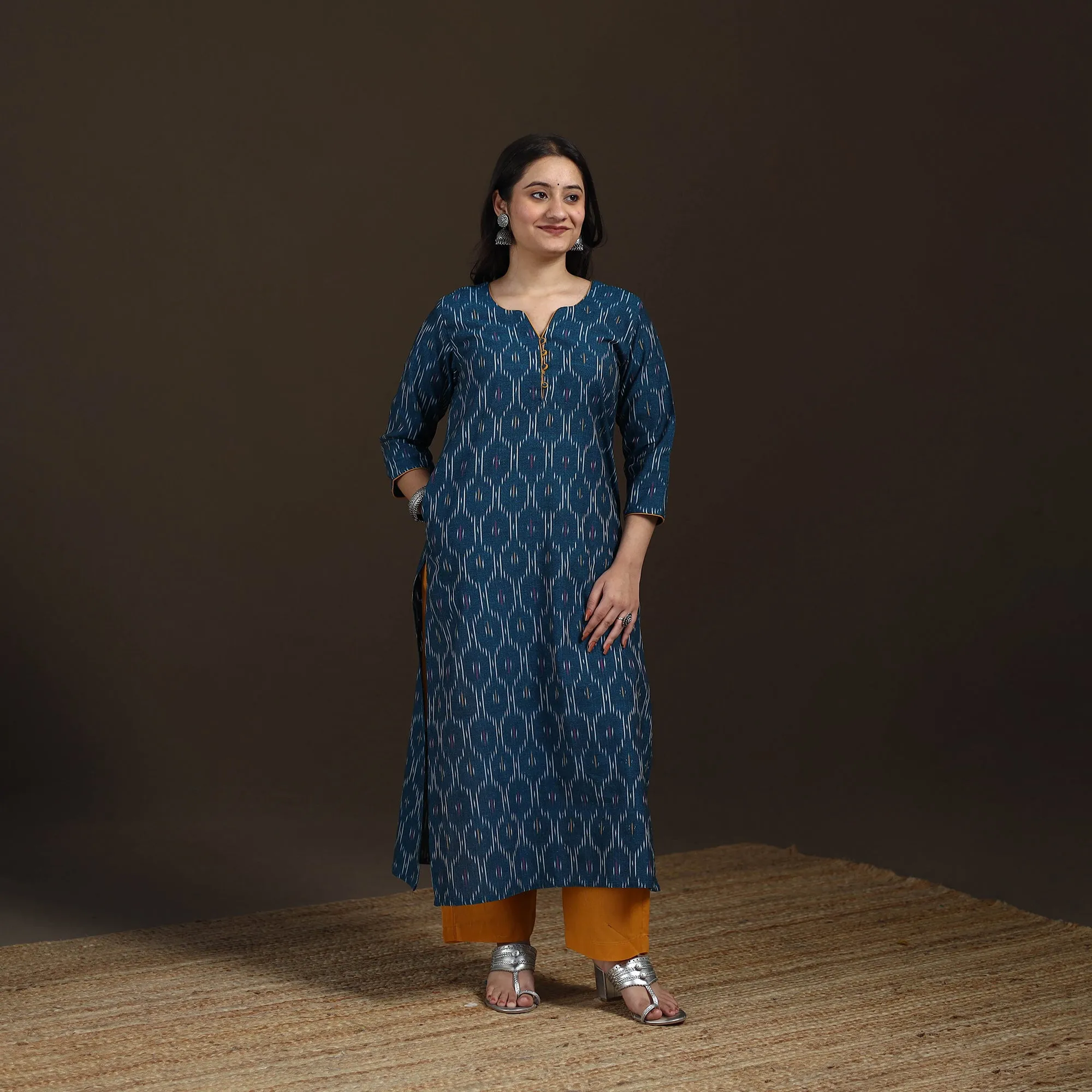 Blue - Pochampally Ikat Cotton Straight Long Kurta for Women 32 sold by Itokri product image thumbnail 2