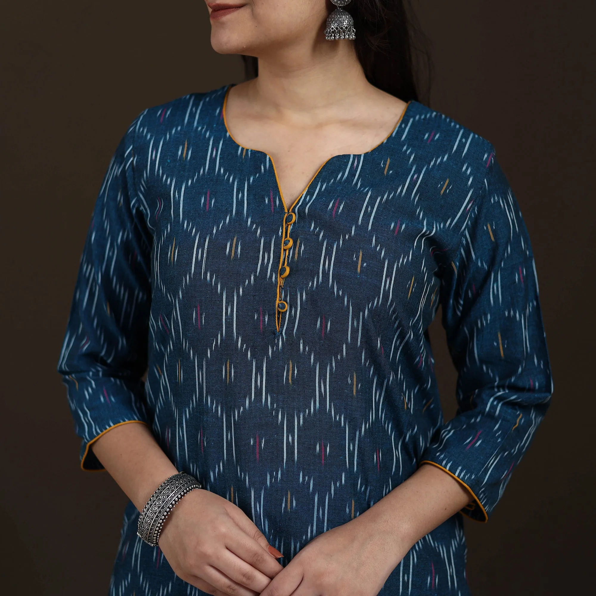 Blue - Pochampally Ikat Cotton Straight Long Kurta for Women 32 sold by Itokri product image thumbnail 3