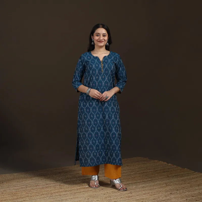 Blue - Pochampally Ikat Cotton Straight Long Kurta for Women 32 made by Itokri