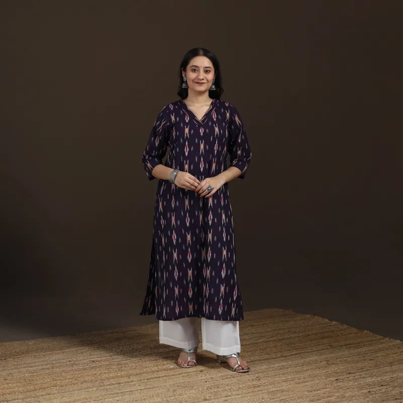 Purple - Pochampally Ikat Cotton Straight Long Kurta for Women 25 made by Itokri