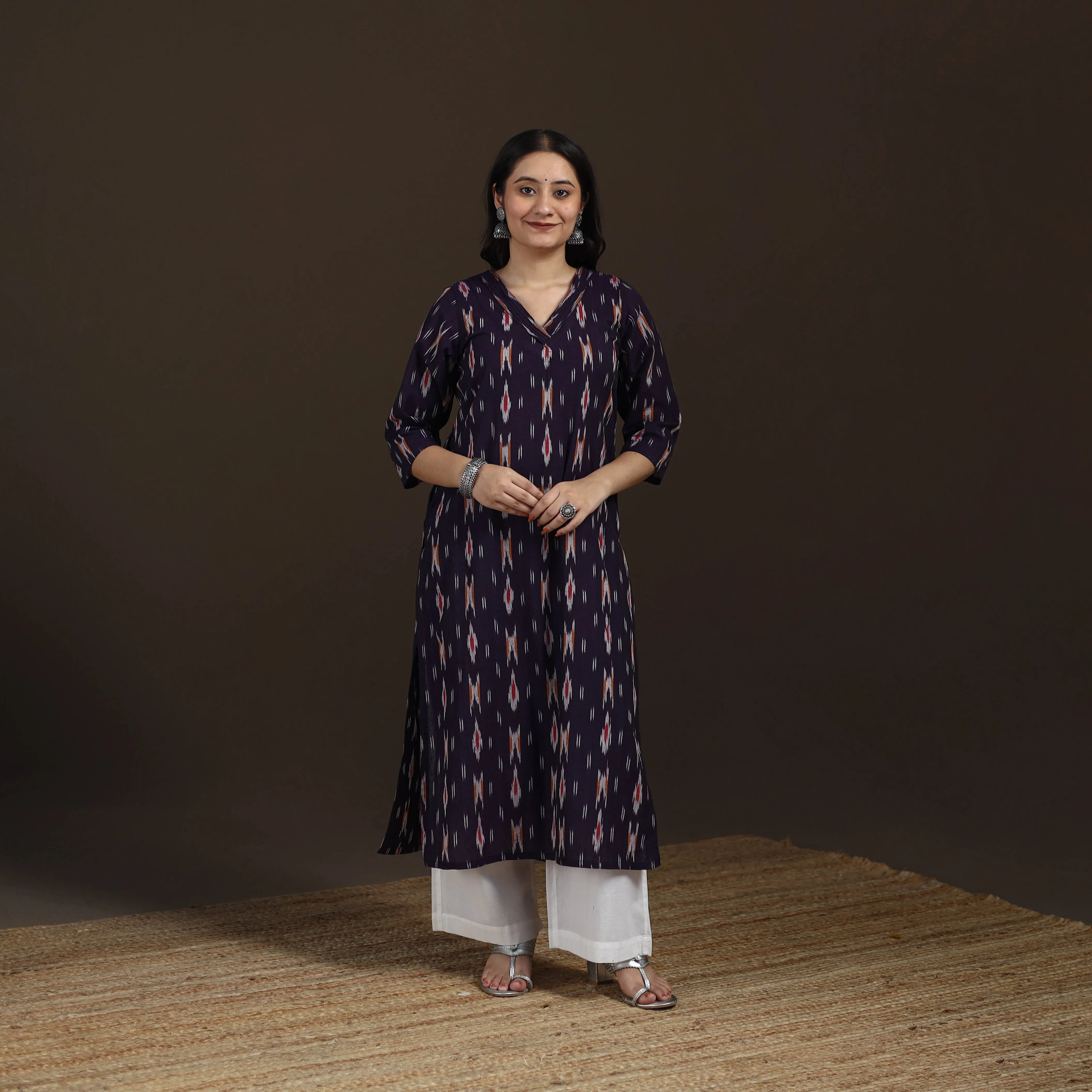 Purple - Pochampally Ikat Cotton Straight Long Kurta for Women 25 sold by Itokri
