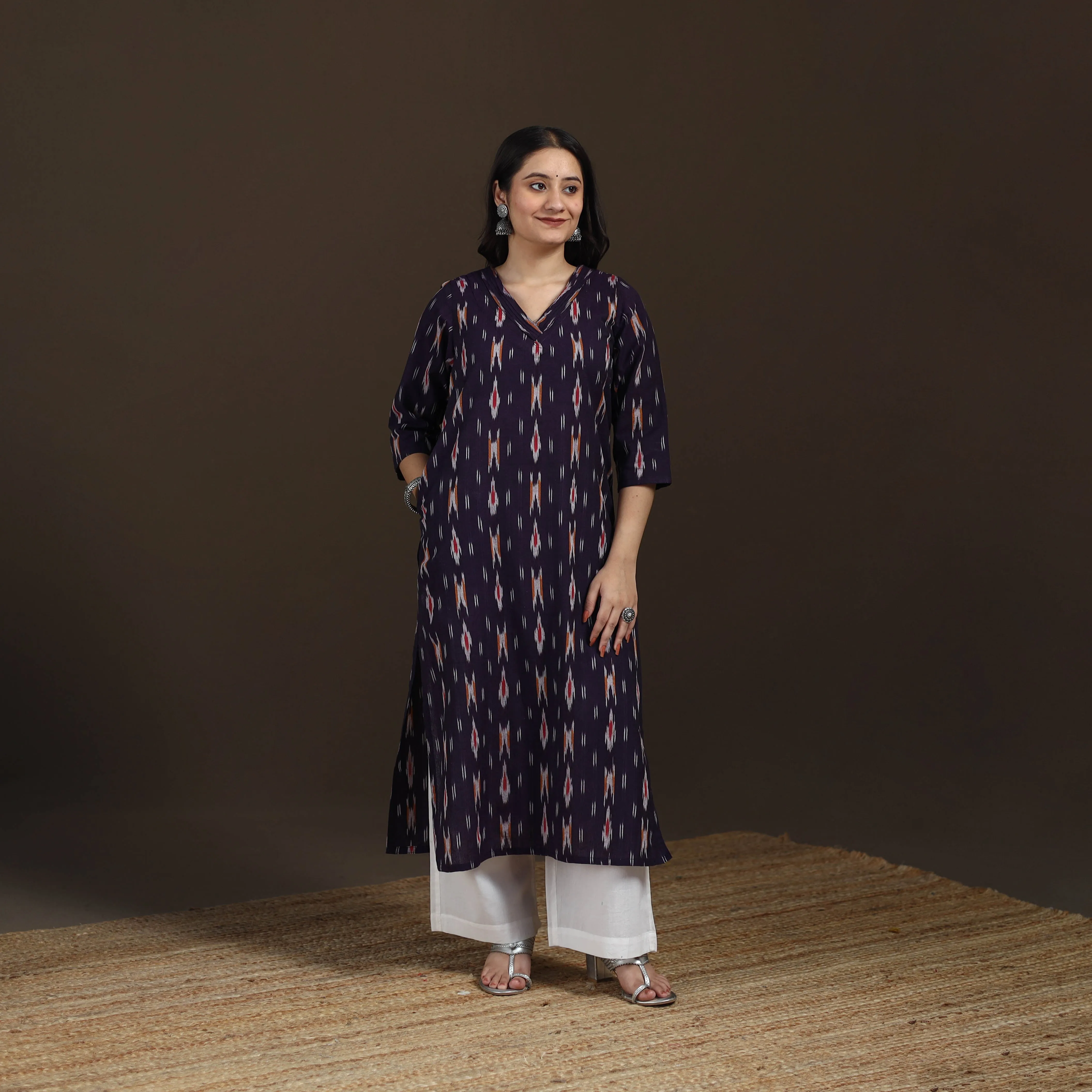 Purple - Pochampally Ikat Cotton Straight Long Kurta for Women 25 sold by Itokri product image thumbnail 2
