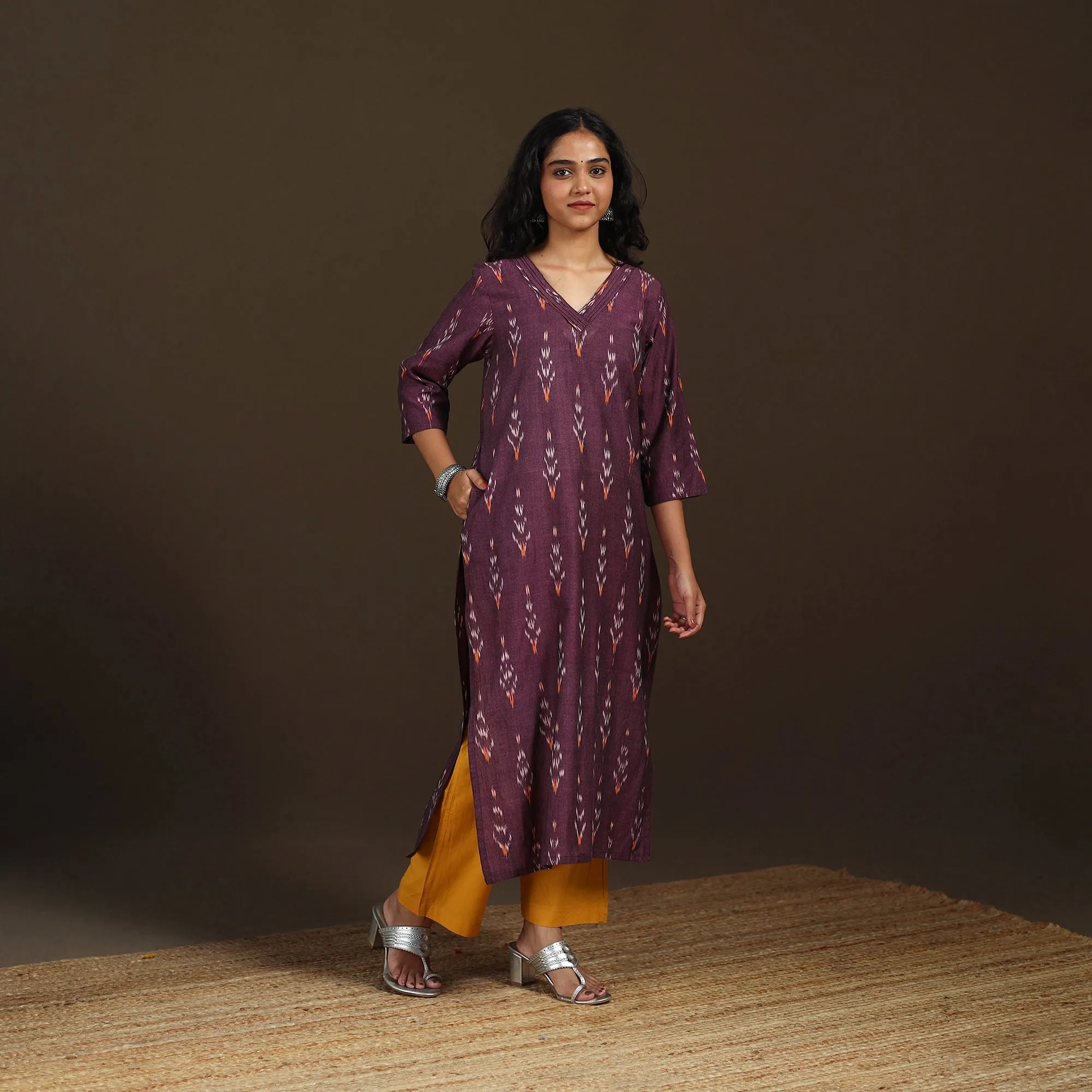 Purple - Pochampally Ikat Cotton Straight Long Kurta for Women 24 sold by Itokri product image thumbnail 2