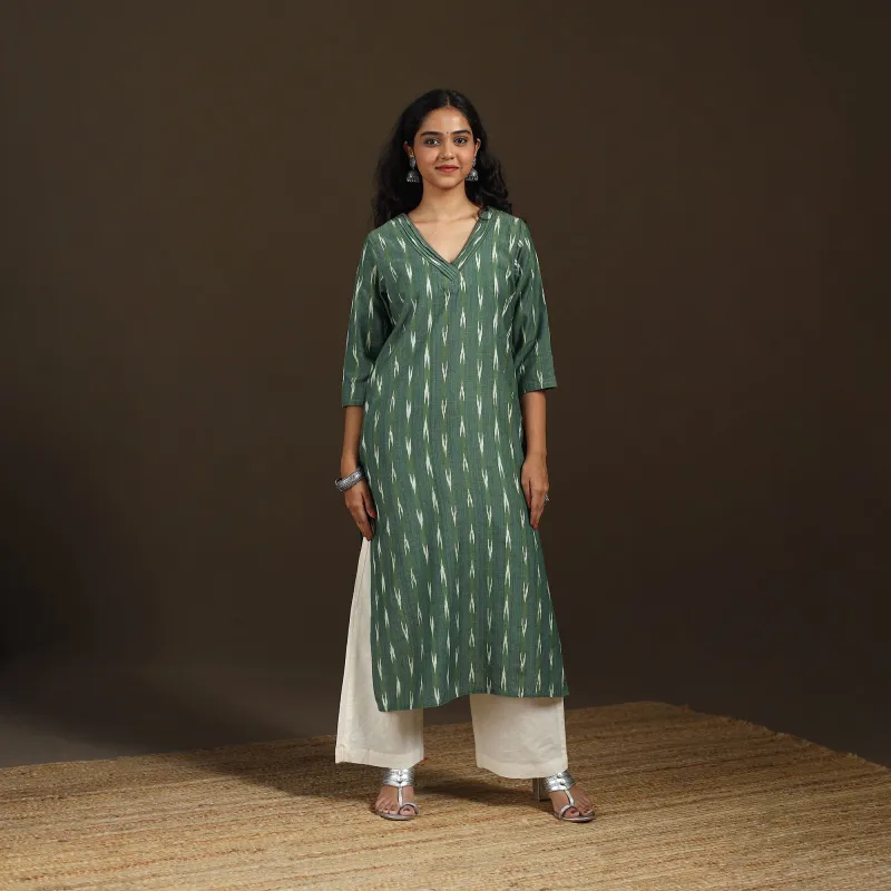 Green - Pochampally Ikat Cotton Straight Long Kurta for Women 21 made by Itokri