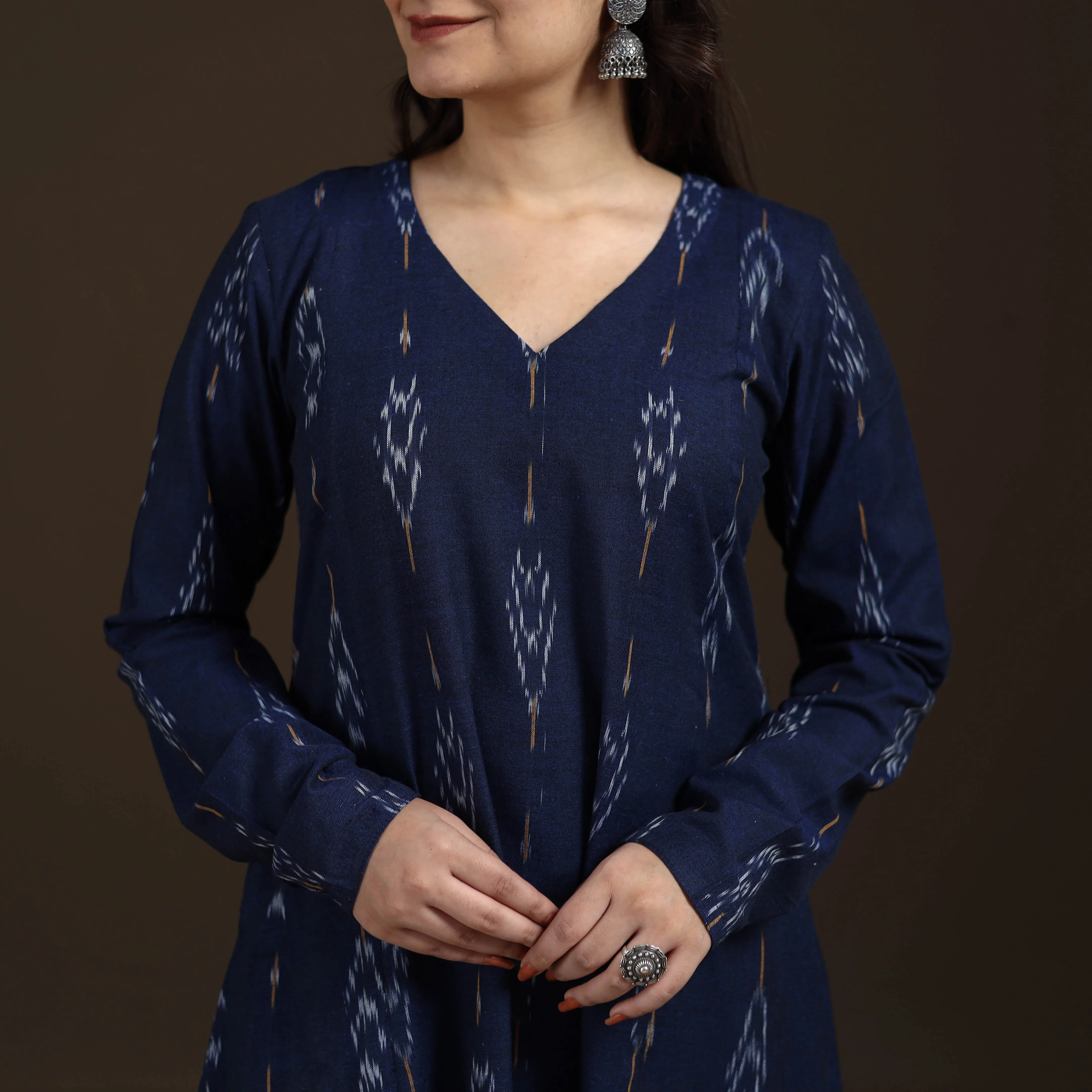 Blue - Pochampally Ikat Cotton A-Line Long Kurta for Women 10 sold by Itokri product image thumbnail 3