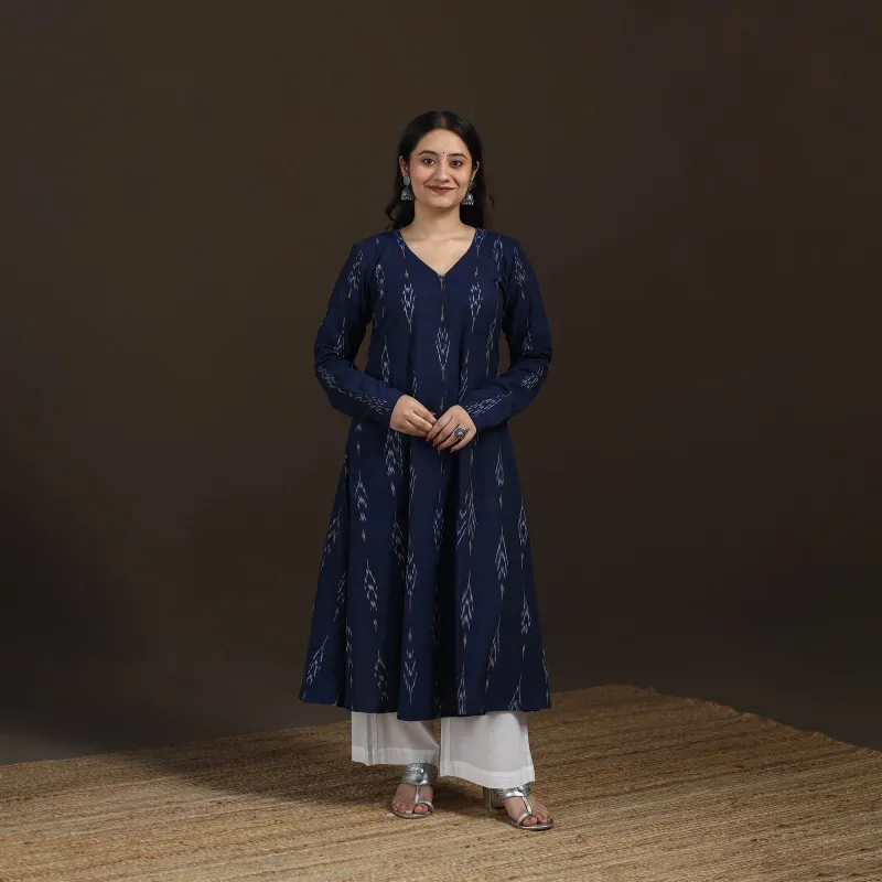 Blue - Pochampally Ikat Cotton A-Line Long Kurta for Women 10 made by Itokri