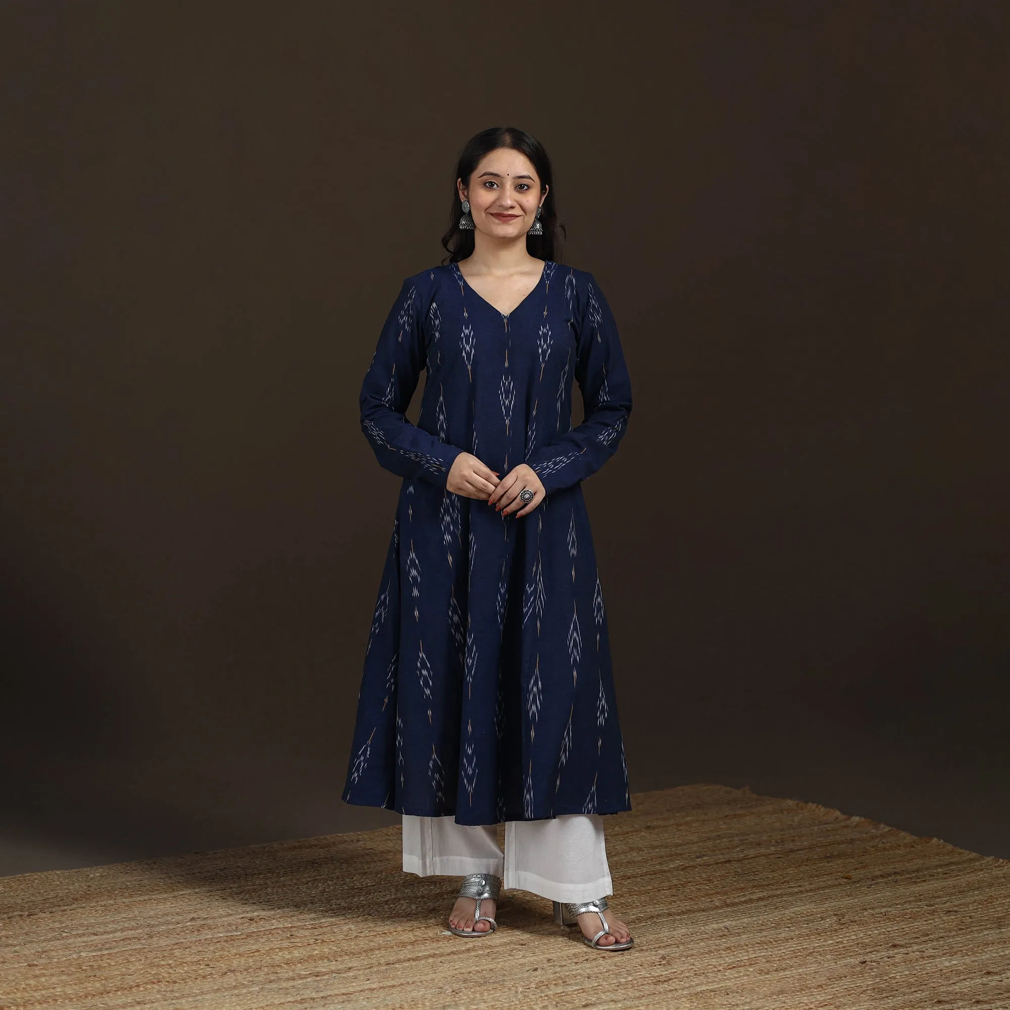 Blue - Pochampally Ikat Cotton A-Line Long Kurta for Women 10 sold by Itokri