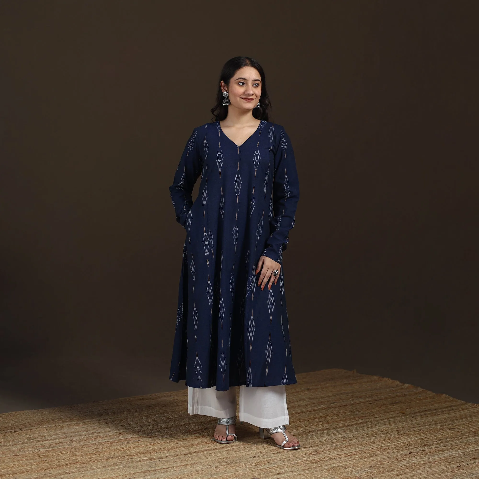 Blue - Pochampally Ikat Cotton A-Line Long Kurta for Women 10 sold by Itokri product image thumbnail 2