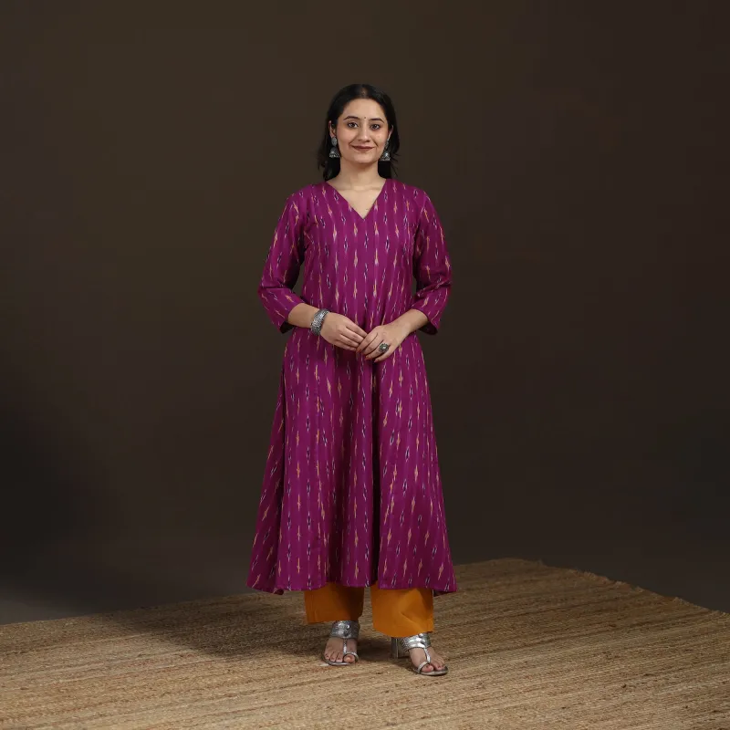 Purple - Pochampally Ikat Cotton A-Line Long Kurta for Women 06 made by Itokri