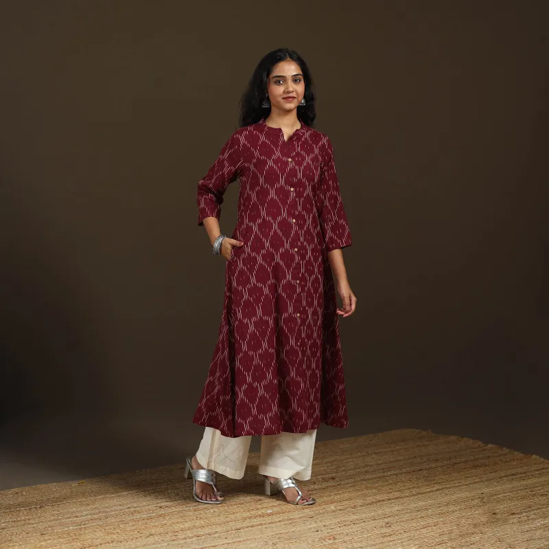 Maroon - Pochampally Ikat Cotton A-Line Long Kurta for Women 01 made by Itokri