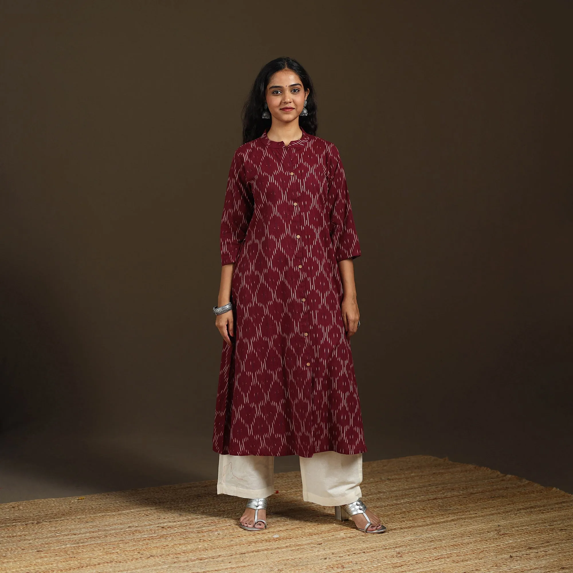 Maroon - Pochampally Ikat Cotton A-Line Long Kurta for Women 01 sold by Itokri product image thumbnail 2