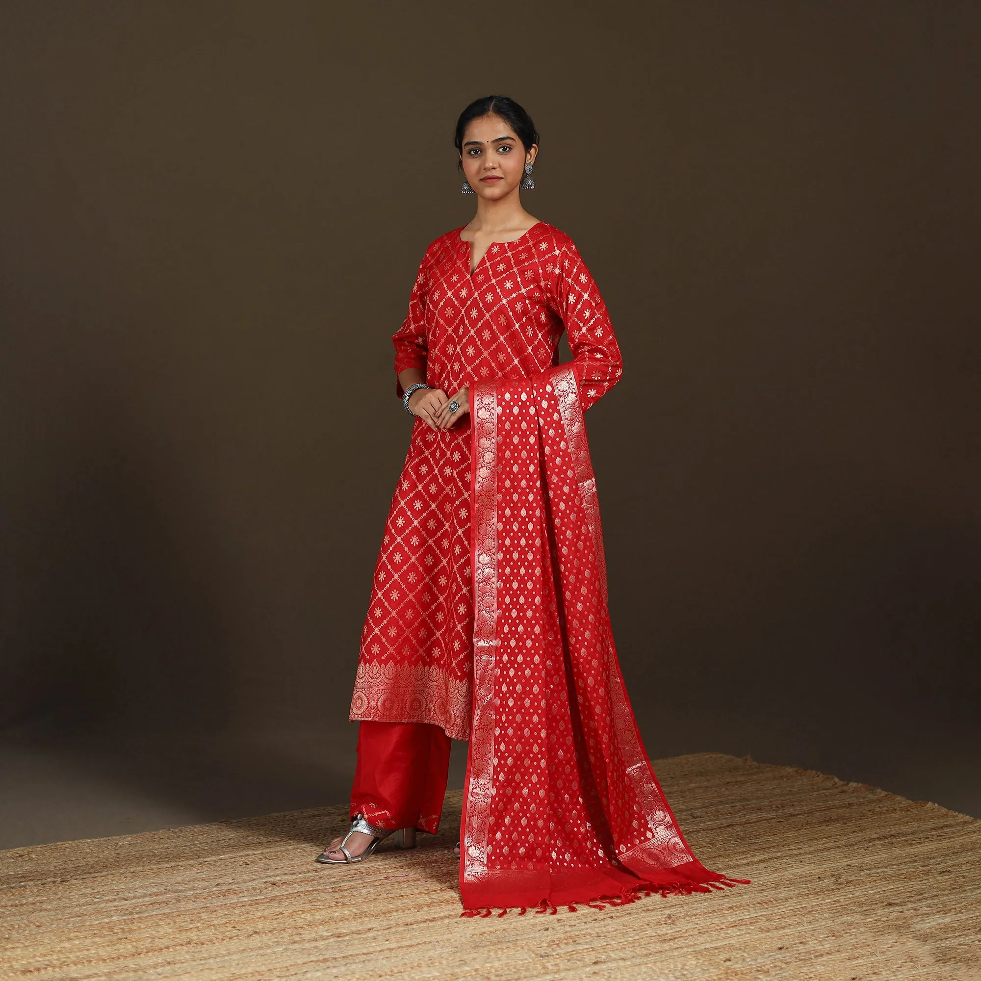Red - Banarasi Brocade Katan Silk Suit Set with Dupatta for Women 14 sold by Itokri