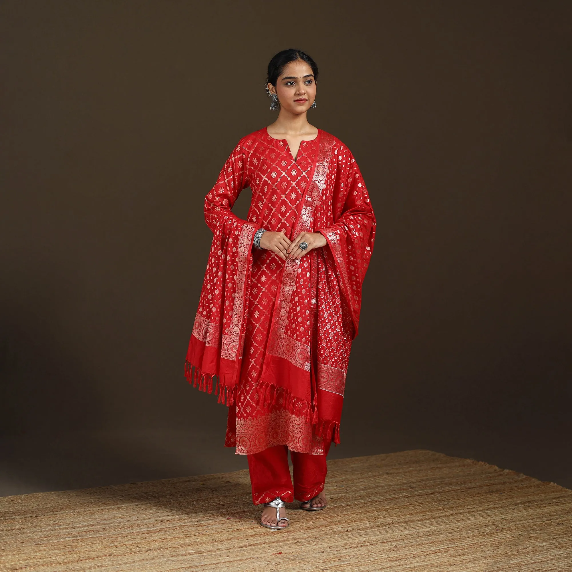 Red - Banarasi Brocade Katan Silk Suit Set with Dupatta for Women 14 sold by Itokri product image thumbnail 5