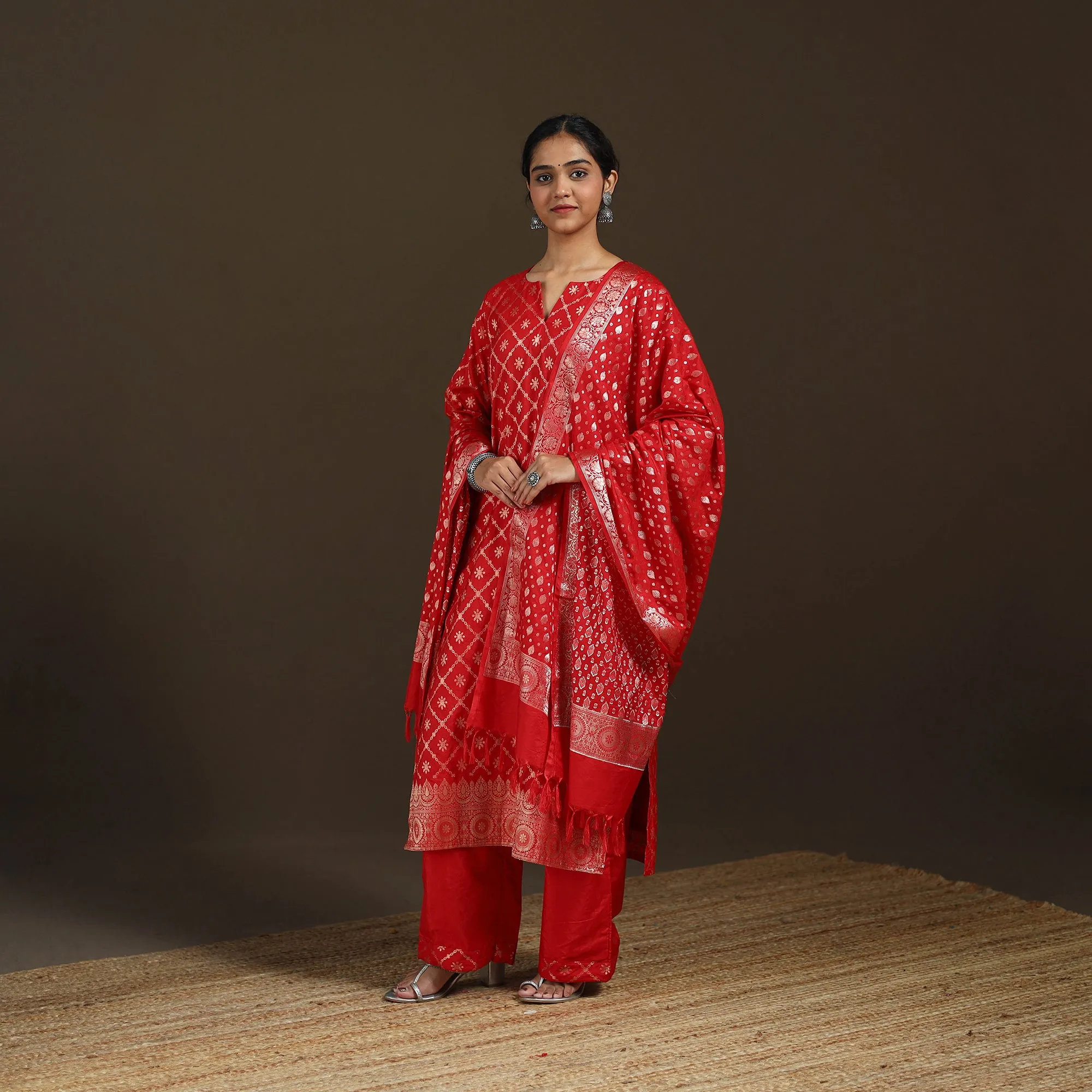 Red - Banarasi Brocade Katan Silk Suit Set with Dupatta for Women 14 sold by Itokri product image thumbnail 2