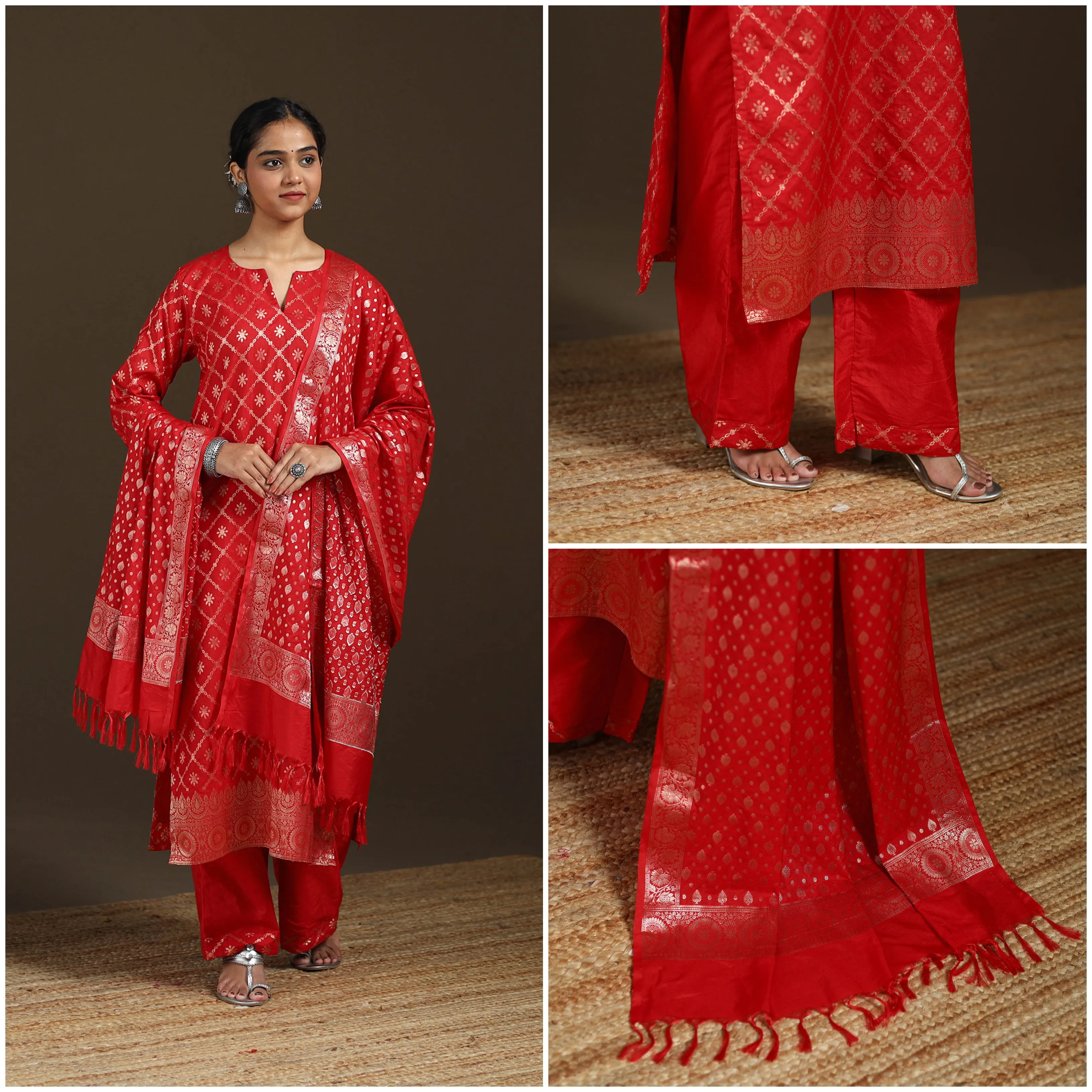 Red - Banarasi Brocade Katan Silk Suit Set with Dupatta for Women 14 sold by Itokri product image thumbnail 3