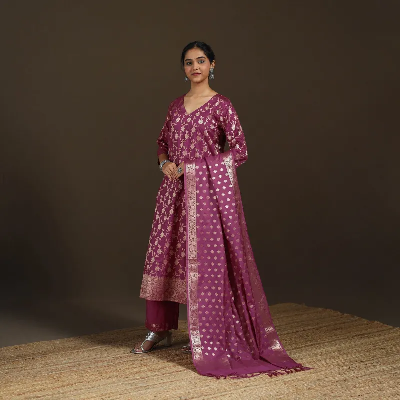 Purple - Banarasi Brocade Katan Silk Suit Set with Dupatta for Women 08 made by Itokri