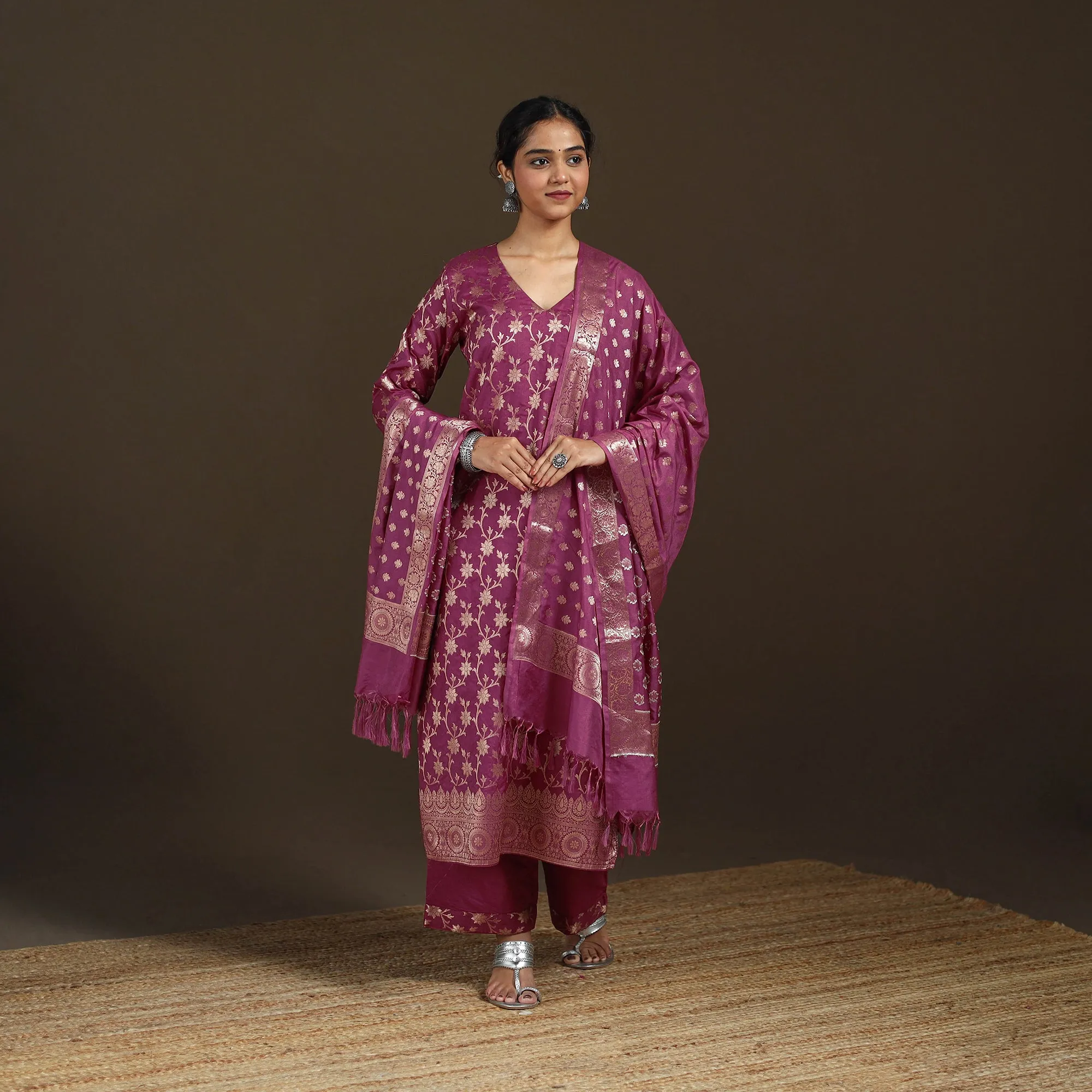 Purple - Banarasi Brocade Katan Silk Suit Set with Dupatta for Women 08 sold by Itokri product image thumbnail 5