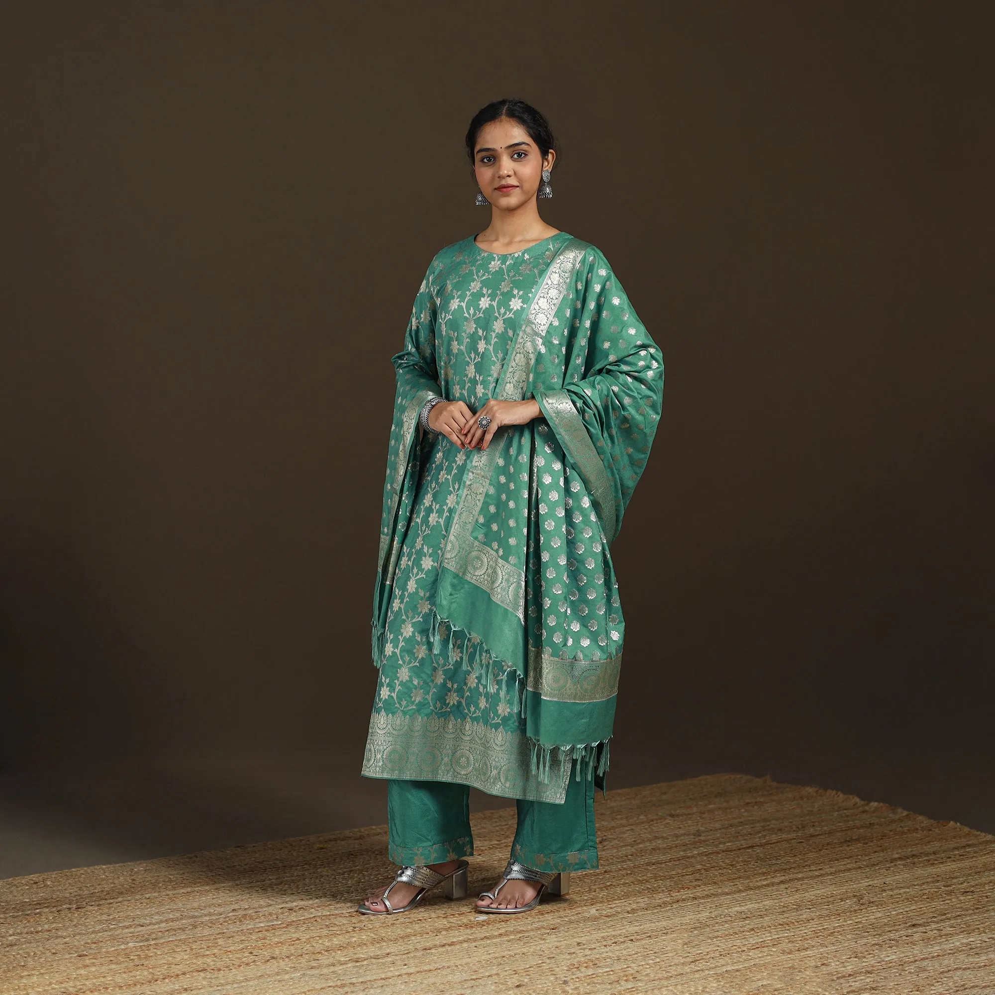 Green - Banarasi Brocade Katan Silk Suit Set with Dupatta for Women 13 sold by Itokri product image thumbnail 5
