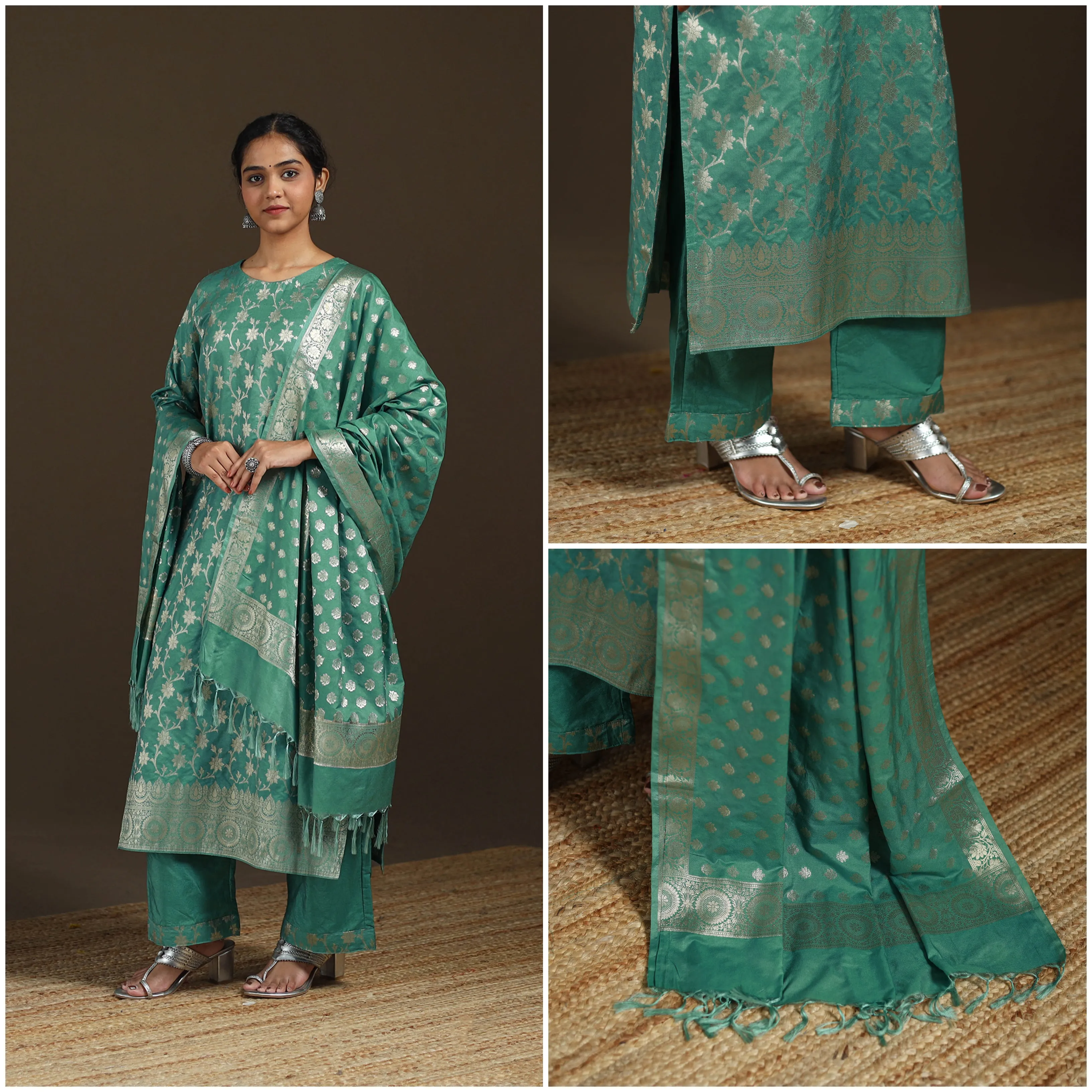Green - Banarasi Brocade Katan Silk Suit Set with Dupatta for Women 13 sold by Itokri product image thumbnail 3