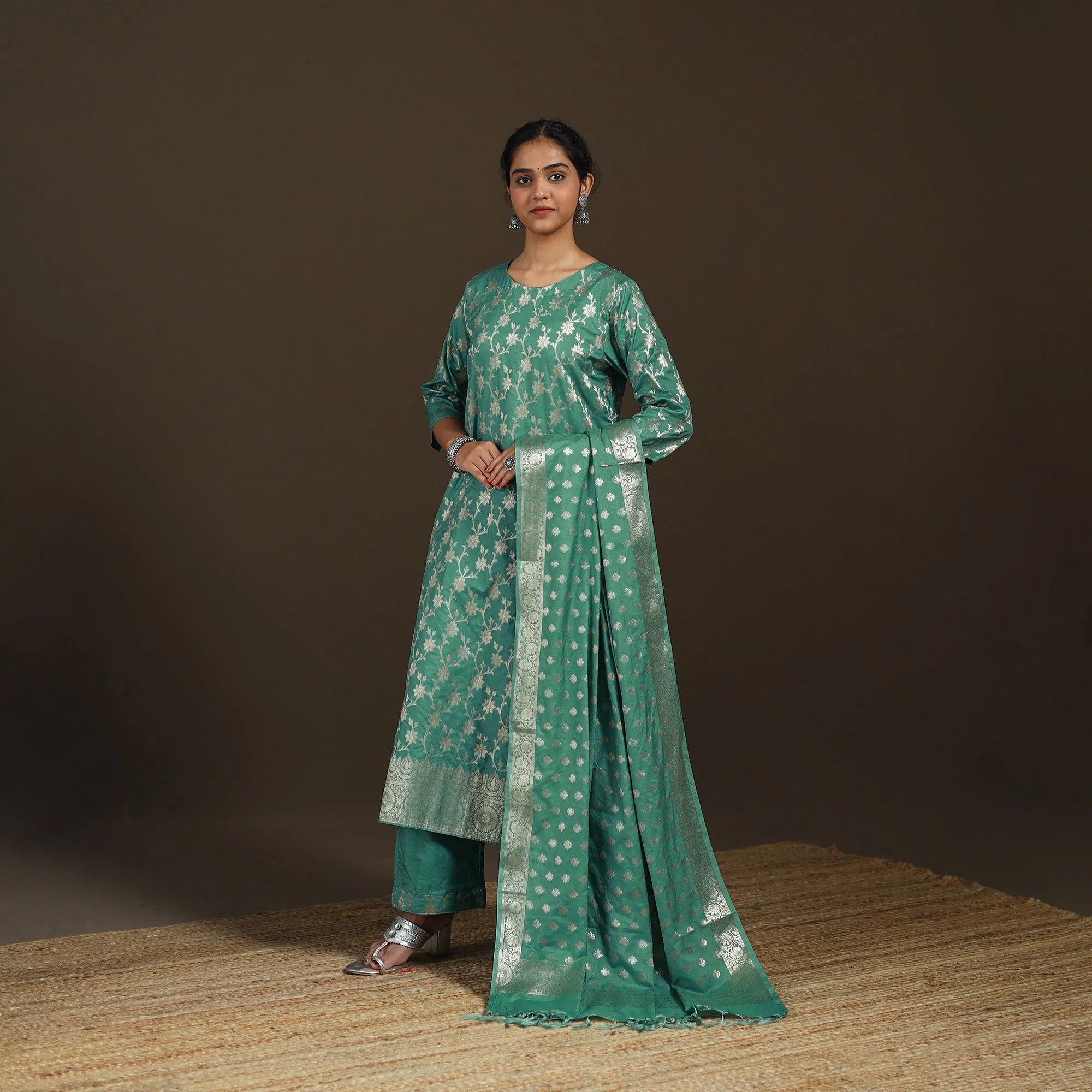 Green - Banarasi Brocade Katan Silk Suit Set with Dupatta for Women 13 sold by Itokri product image thumbnail 2